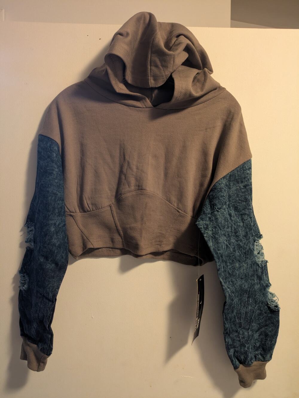 Thrill 94 Tan Cropped Pullover Hoodie Distressed Acid Wash Jean Sleeve NWT